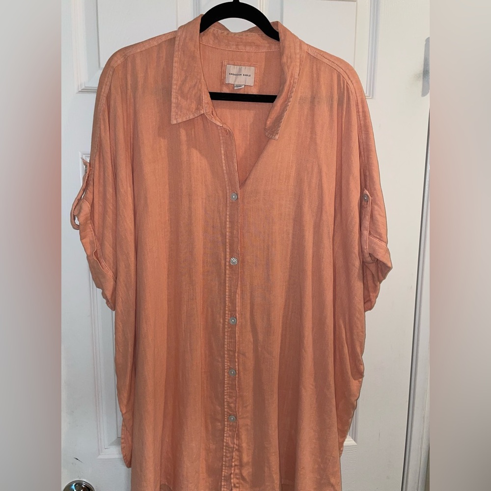 New AE Oversized Button-Up Beach Shirt. Peachy Orange. Women’s Size XL